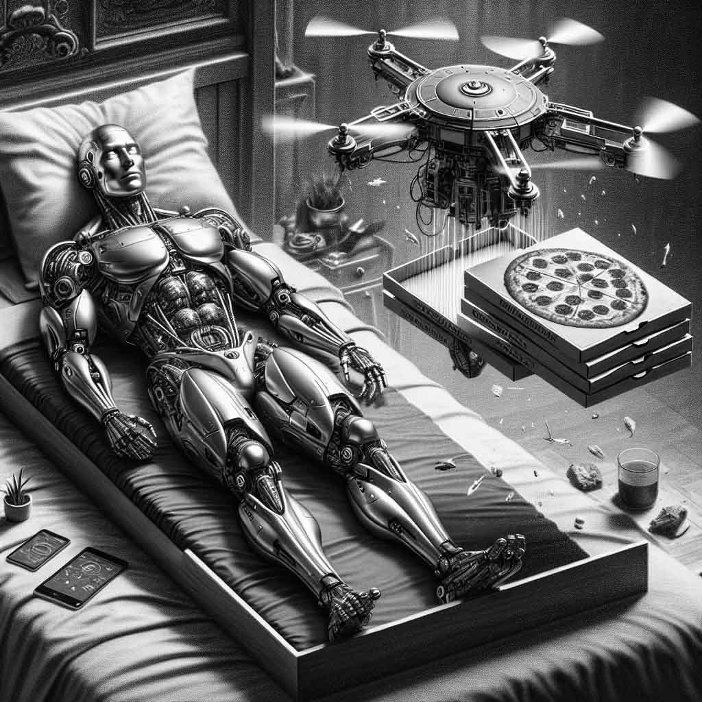 A robot receiving a pizza delivery