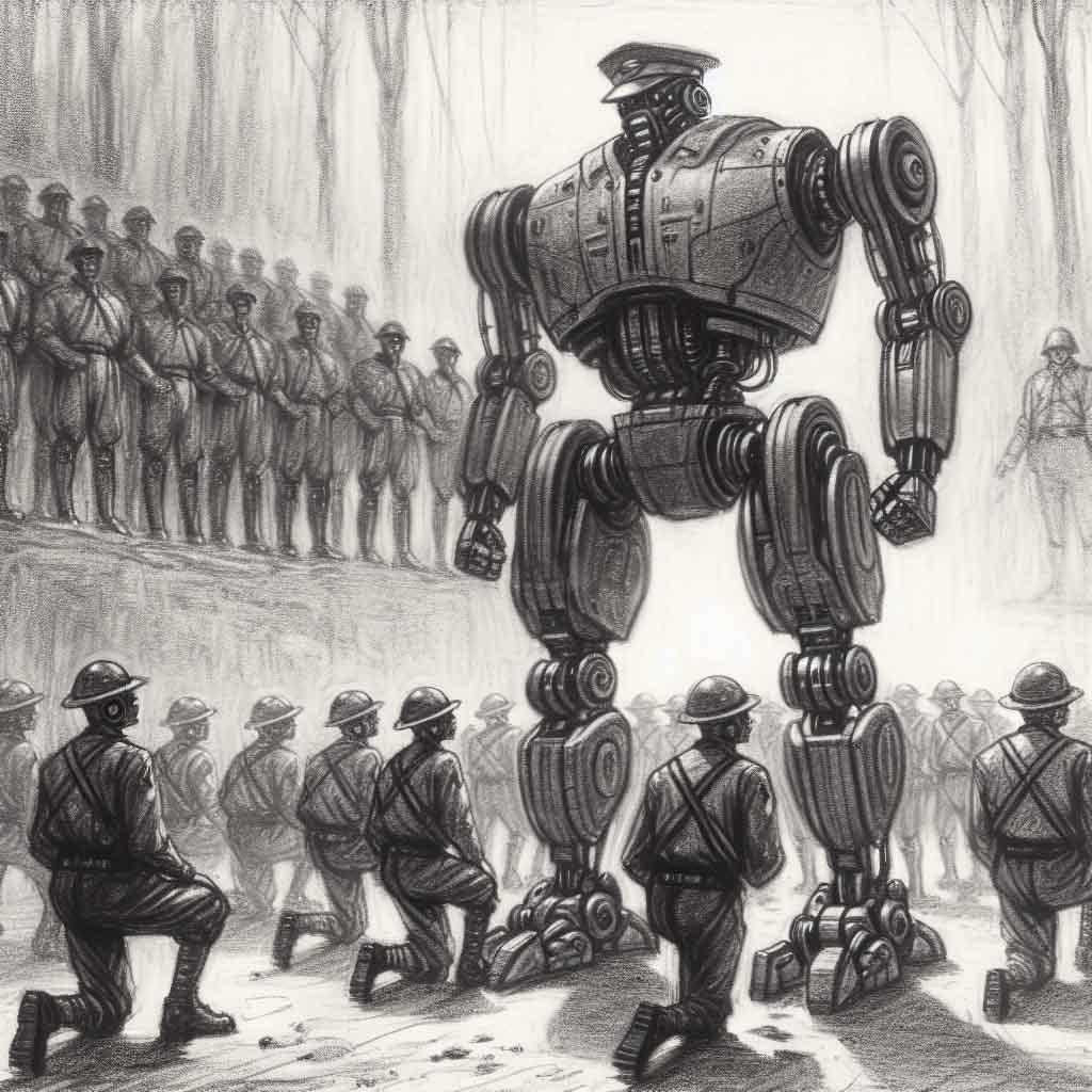 A robot drill sergeant yelling at soldiers